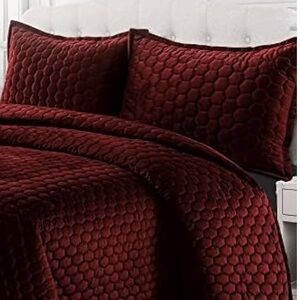 2 Tribeca Living Velvet King Honeycomb Quilted Shams Burgundy